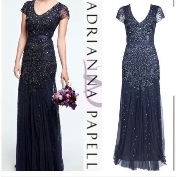 ADRIANNA PAPELL Prom SZ 10 Cap Sl Dress Sequin Navy Blue Beaded Gown Sleeve $229 - Picture 6 of 11